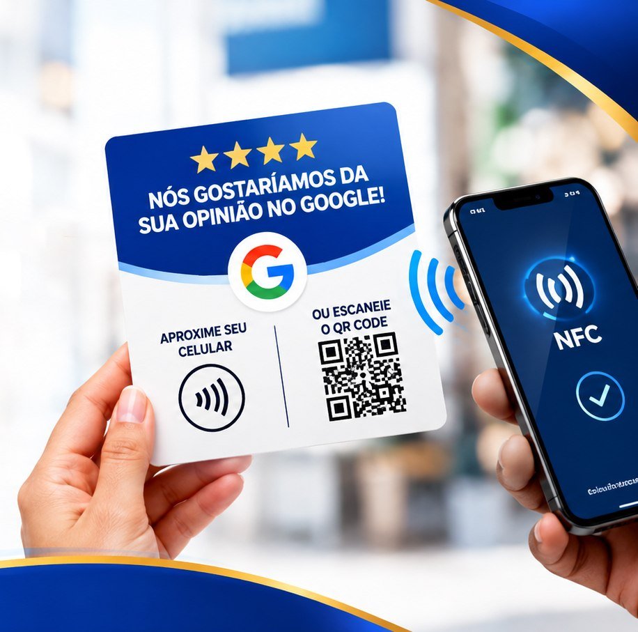 Mão segurando a placa NFC e QR Code ao lado de um celular lendo a etiqueta NFC